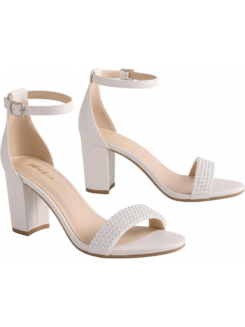 Women's White Pearl Suede Open Toe Buckle Ankle Strap Chunky Heels Sandals